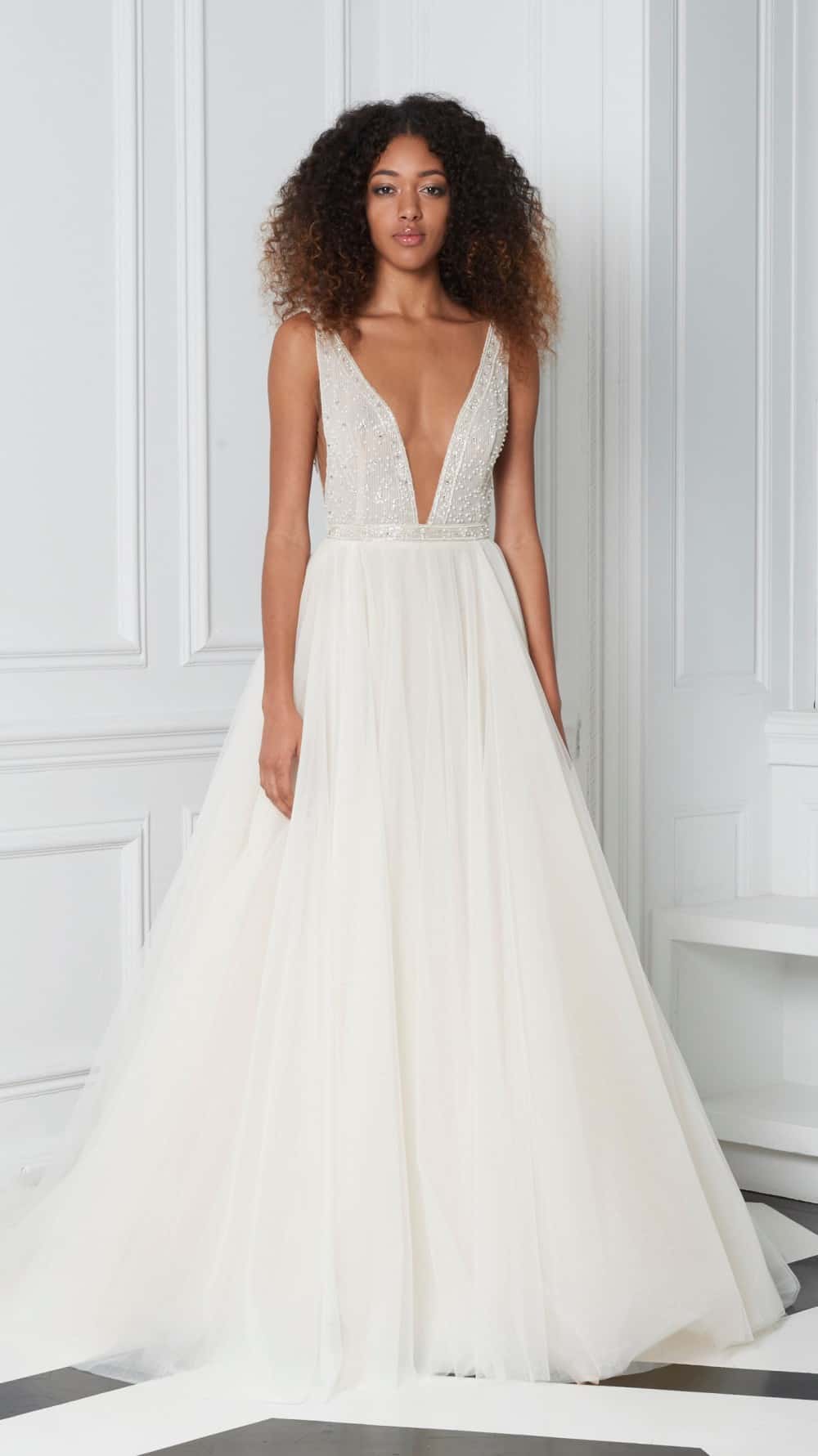 plunge neckline wedding dress by monique lhuillier