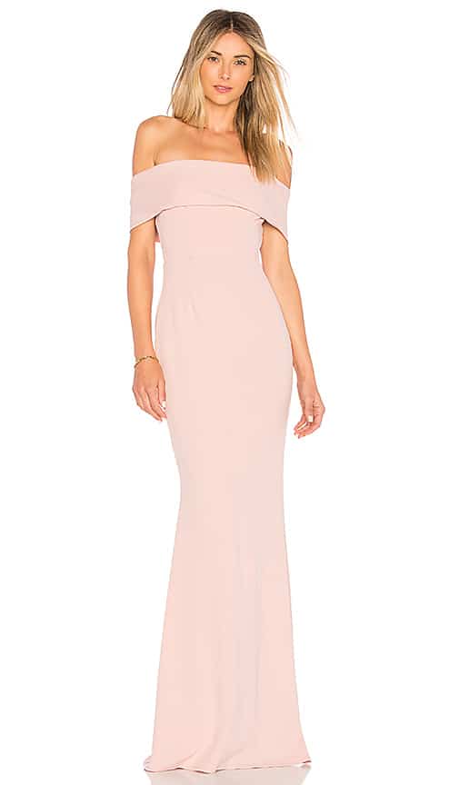 blush off the shoulder maxi dress