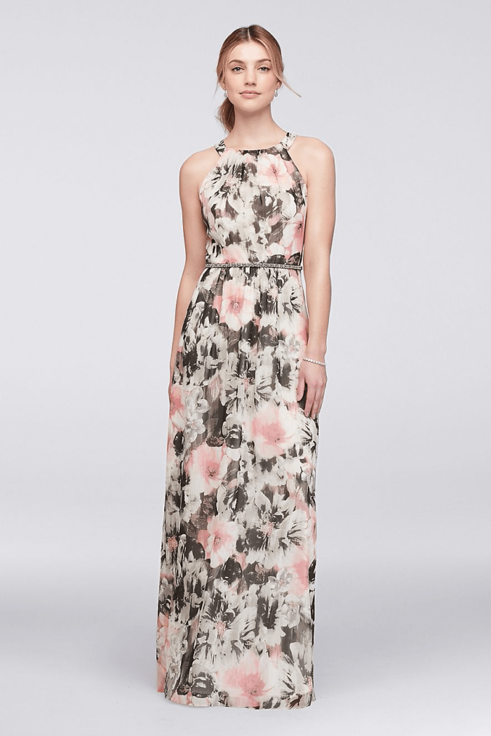 gray and pink floral maxi dress for wedding