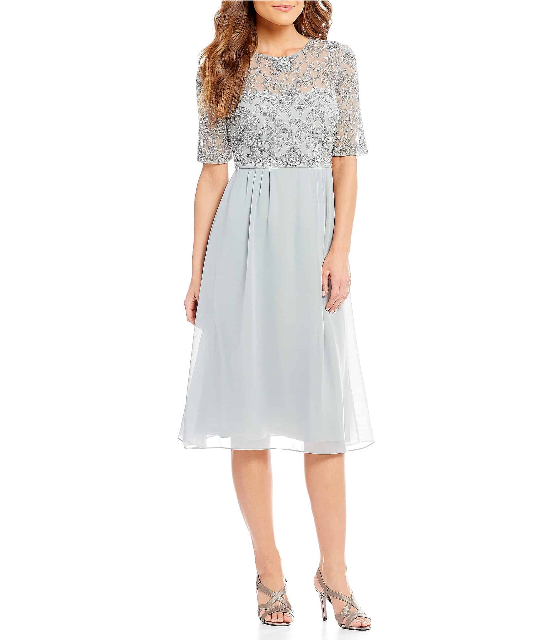 light blue short mother bride dress with short sleeves