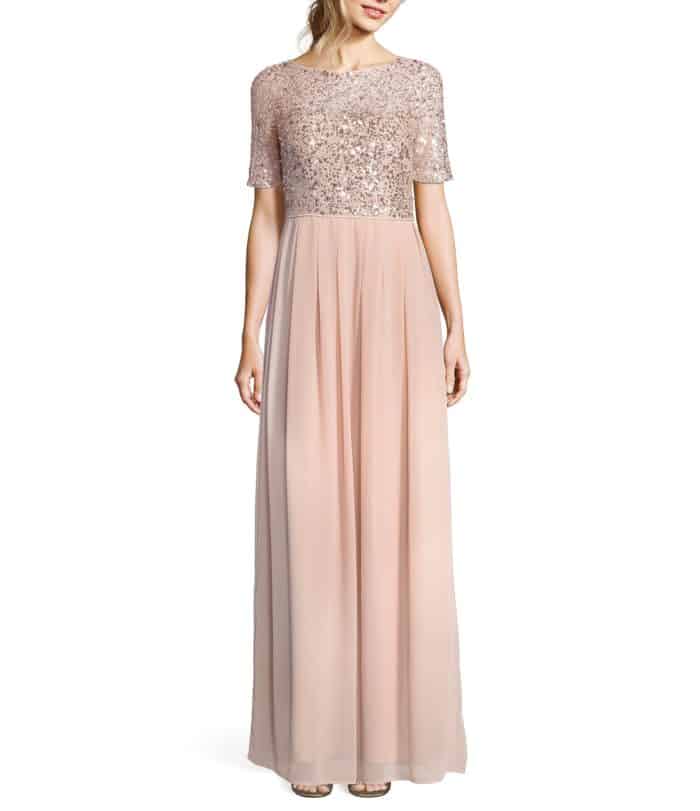 rose gold sequin top empire waisted gown