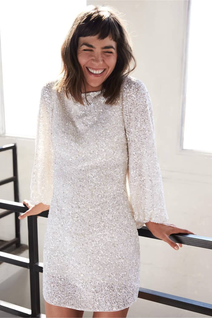 white sequin dress with long sleeves