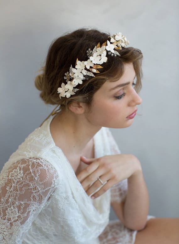 Porcelain White Flower Headband Wedding Bridal Clay Flower Crown Headband Polymer Floral Halo Accessories Hair Accessories Wreaths & Tiaras 