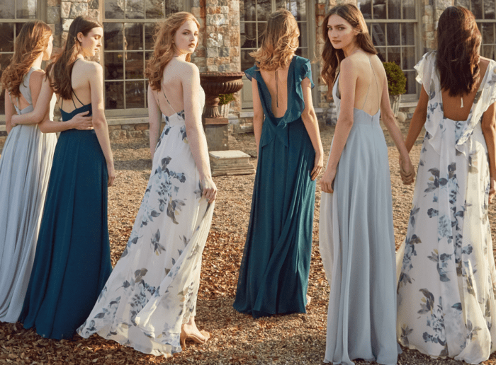 blue and floral bridesmaid dresses