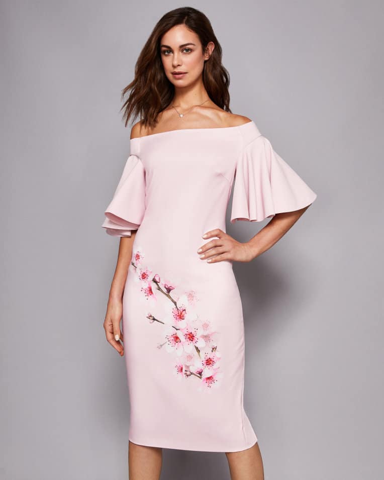 off the shoulder pink dress with cherry blossoms by ted baker