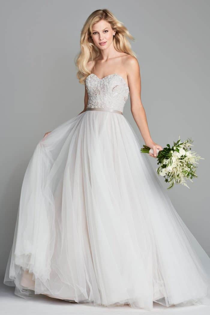 Wedding dress with sheer tulle skirt