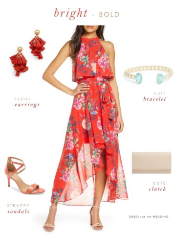 red dress and outfit that is appropriate for a wedding guest