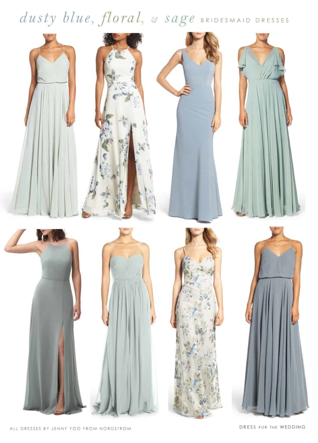 Light Blue, Floral, and Sage Green Mix and Match Bridesmaid Dresses