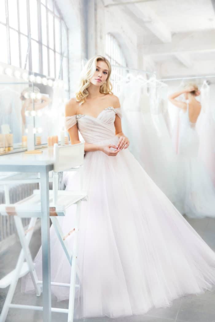 blush off the shoulder bridal gown Milo Blush by Hayley paige