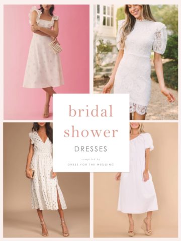 Collage of four different ivory and white dresses for bridal showers shown on models