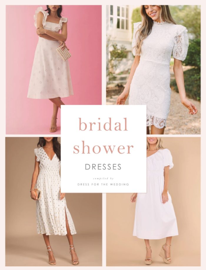 Collage of four different ivory and white dresses for bridal showers shown on models 