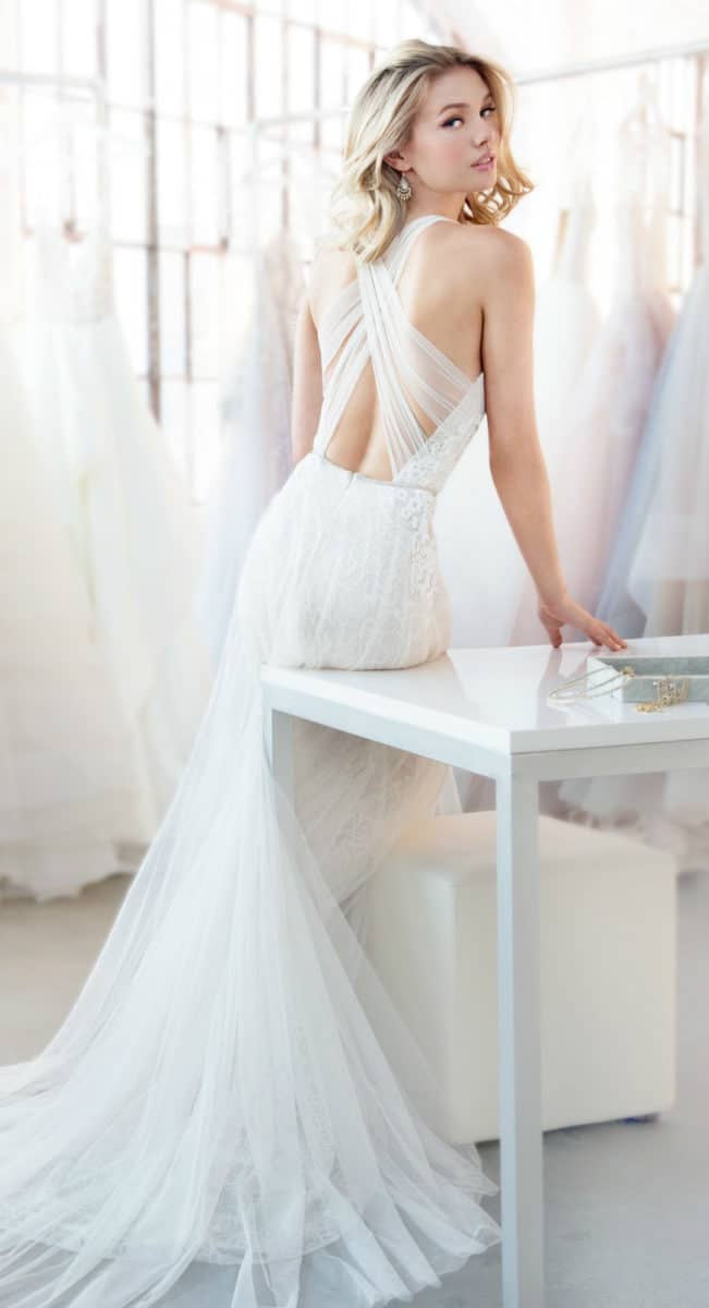 Ivory net wedding dress with criss cross straps Dawson by Blush by Hayley Paige