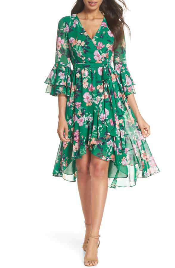 cute green floral dress with long sleeves spring wedding guest