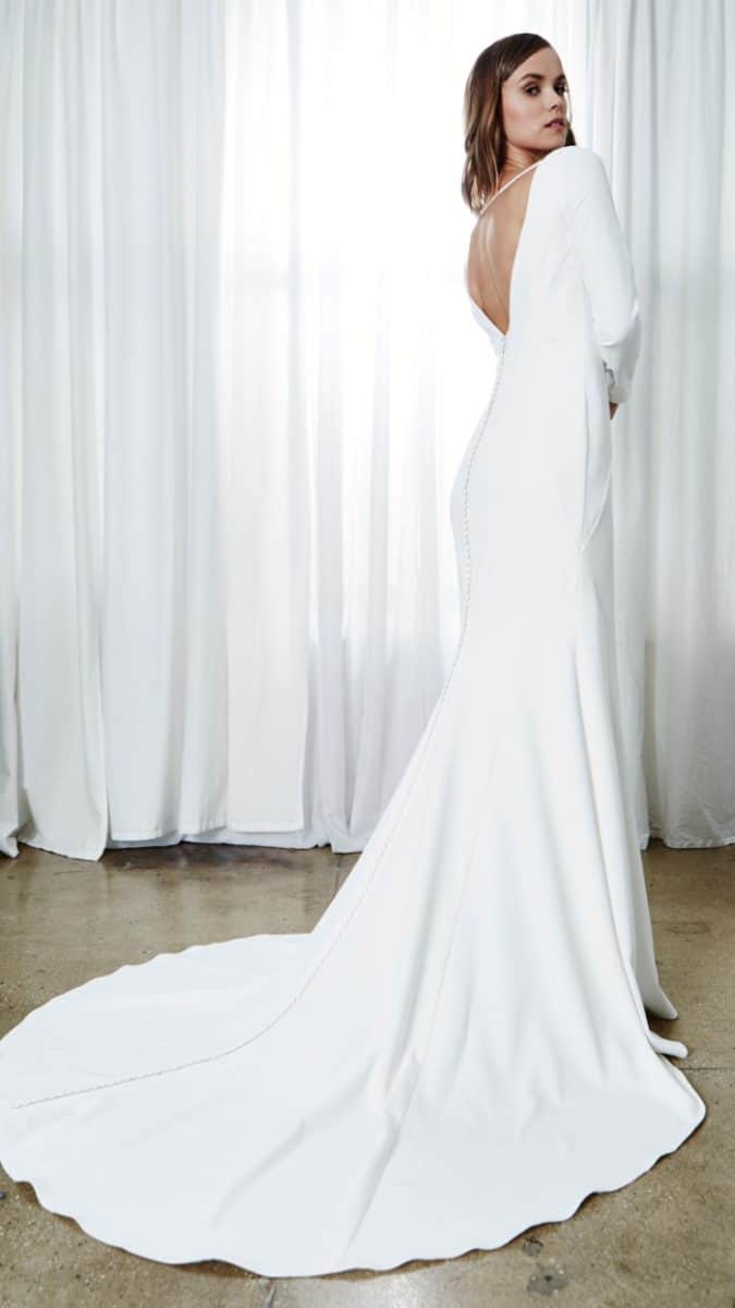 jade long sleeve modern wedding dress with deep back