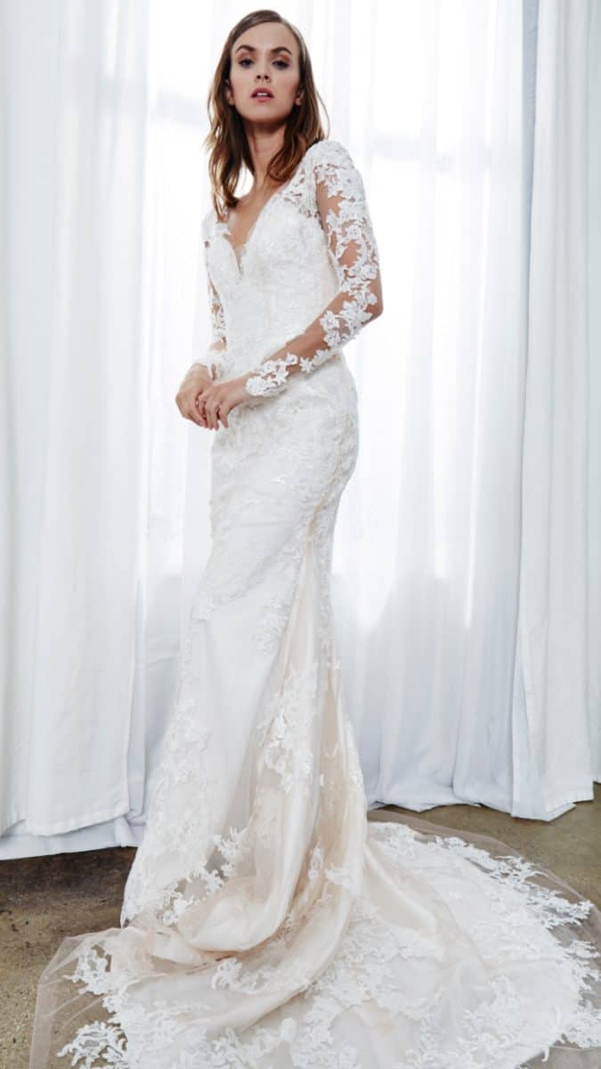 elisa a long sleeve lace wedding dress with sheer sleeves