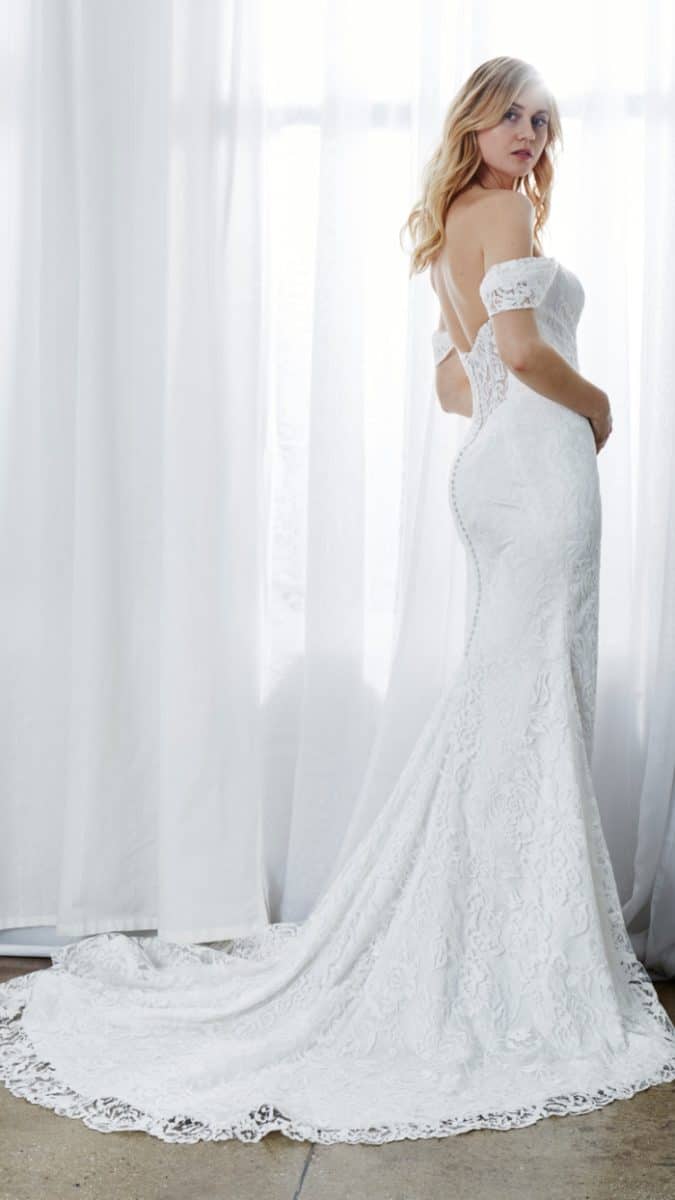 off the shoulder lace back wedding gown