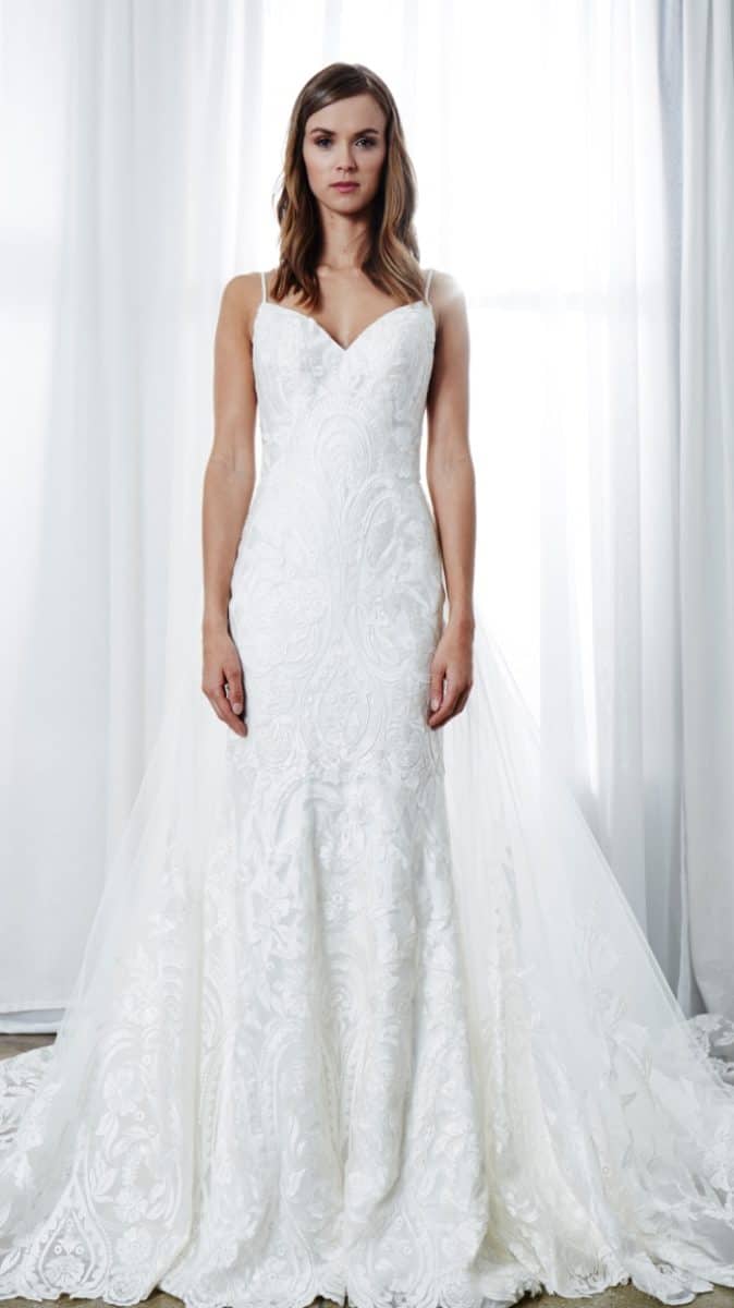 Lace spaghetti strap wedding dress with train