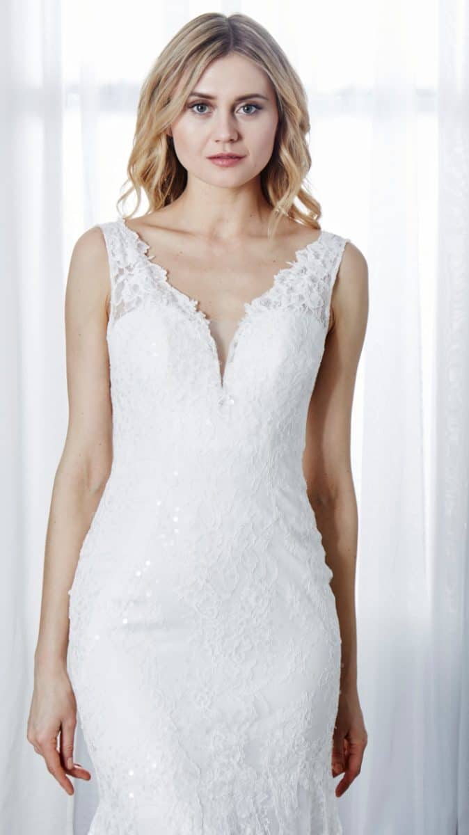 V neck ivory sequin wedding dress