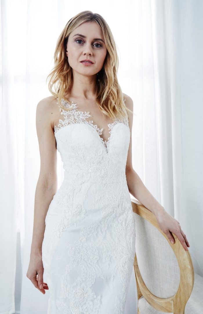 lace illusion strap v neck wedding gown