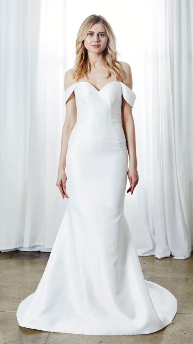 off-the-shoulder silk wedding dress