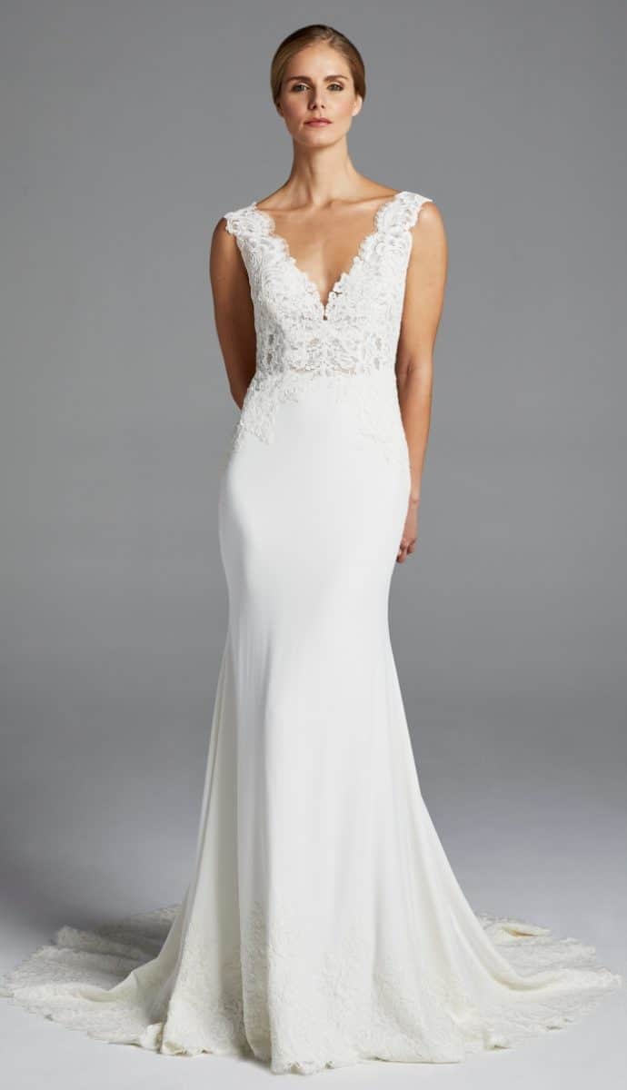 lace top trumpet wedding dress lana anne barge 