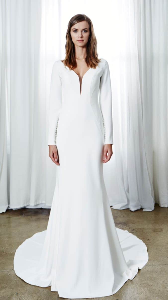 modern v neck long sleeve wedding dress