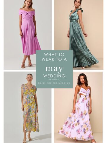 Collage of 4 dresses on models showing dresses that are perfect to wear to May weddings. One pink off the shoulder, one teal blue max dress, one floral midi and one long maxi dress.