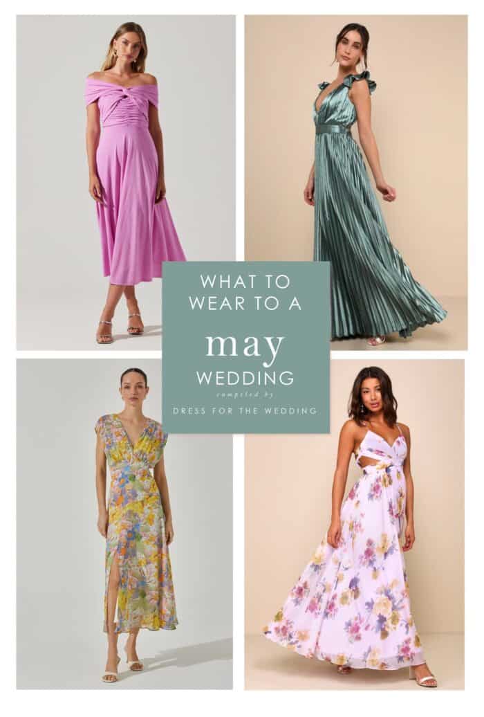 Collage of 4 dresses on models showing dresses that are perfect to wear to May weddings. One pink off the shoulder, one teal blue max dress, one floral midi and one long maxi dress.