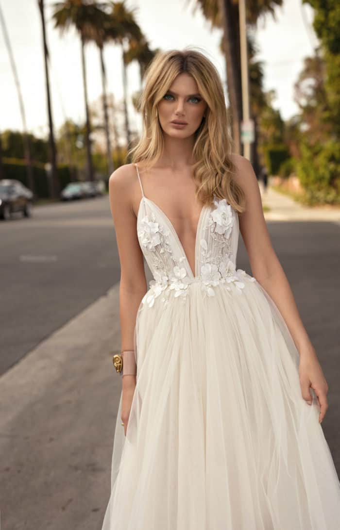 ball gown wedding dress with floral bodice and lingerie straps MUSE by Berta 2019