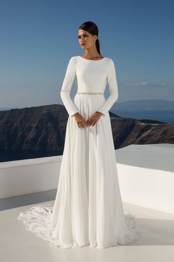 long sleeve scoop back wedding dress by justin alexander