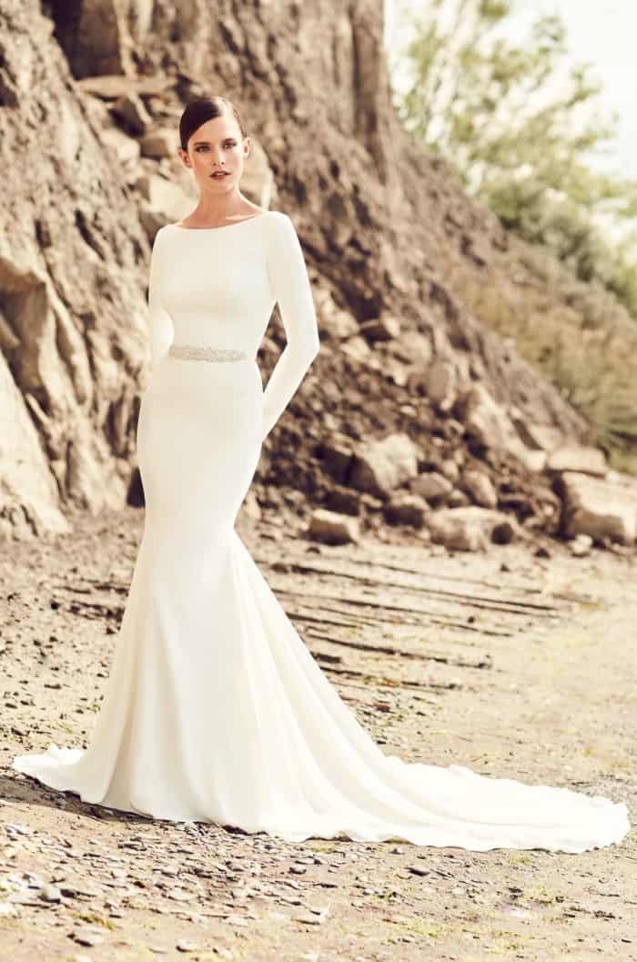 mikaella by paloma blanca long sleeve simple crepe wedding dress