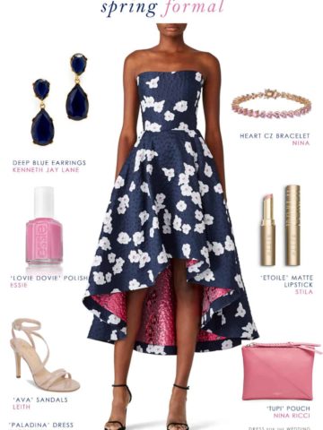 elegant wedding guest outfit in navy blue and pink