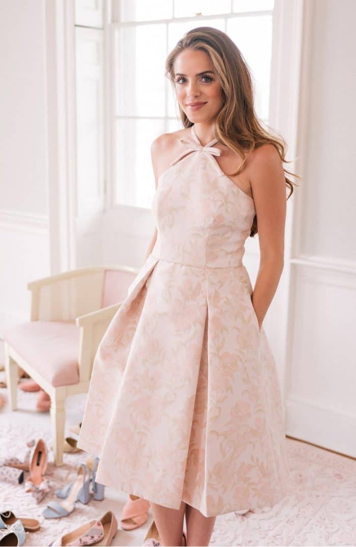 Blush jacquard halter party dress with a bow