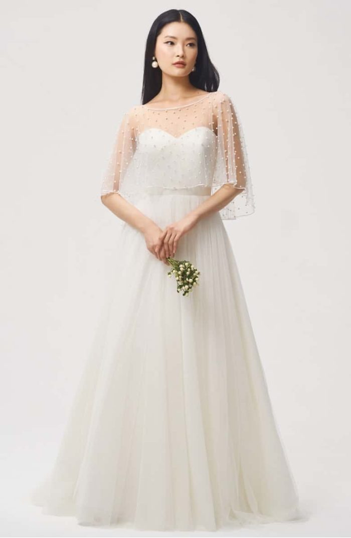 pearl embellished wedding cape by jenny yoo
