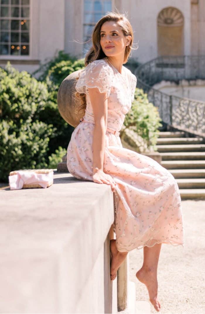 Blush pink lace and floral pretty dress with short sleeves | Gal Meets Glam Collection