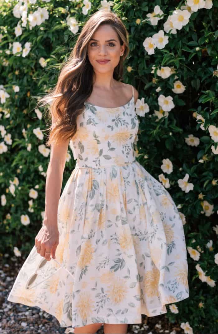 Abigail dress from Gal Meets Glam | Off white and yellow and green floral print dress