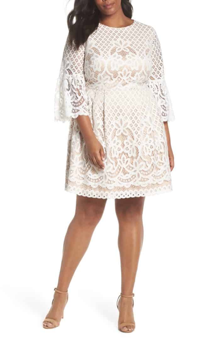 plus size white lace bell sleeve short dress for bride to be