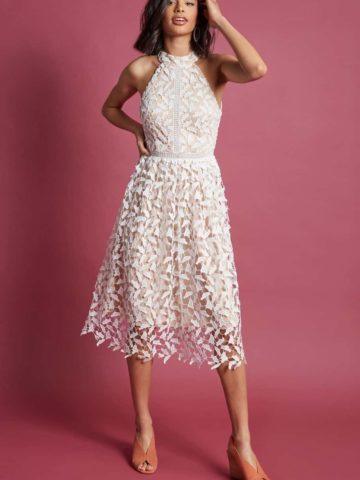 white lace midi dress for rehearsal dinner