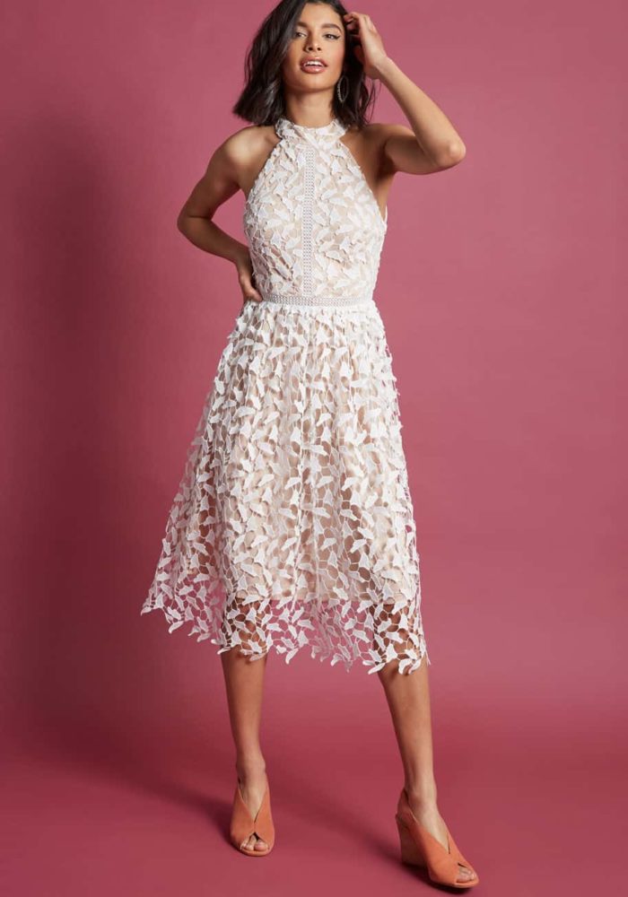 white lace midi dress for rehearsal dinner