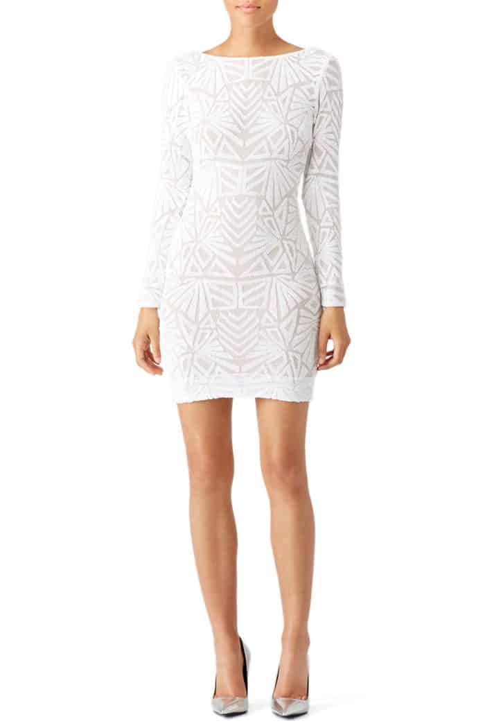 short white sequin mini dress with long sleeves