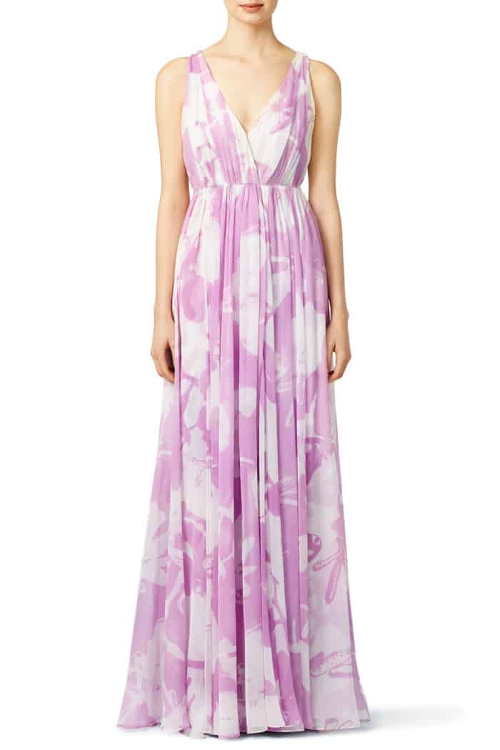lavender printed maxi dress to rent for wedding