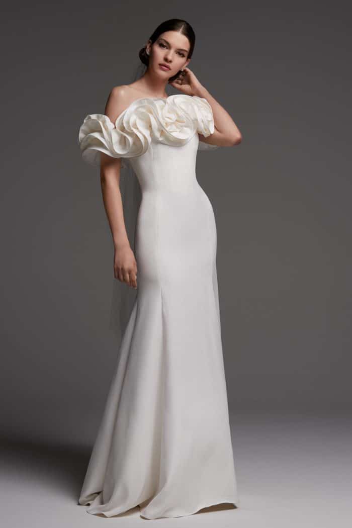 off the shoulder ruffle wedding dress augustus watters