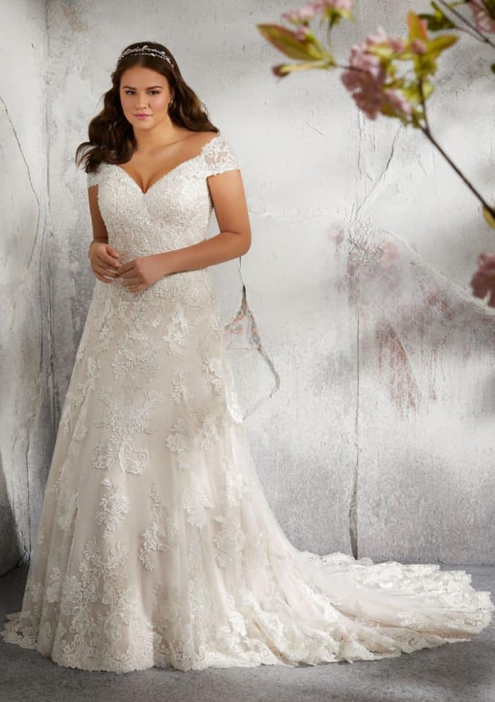 V neck off the shoulder plus size wedding dress