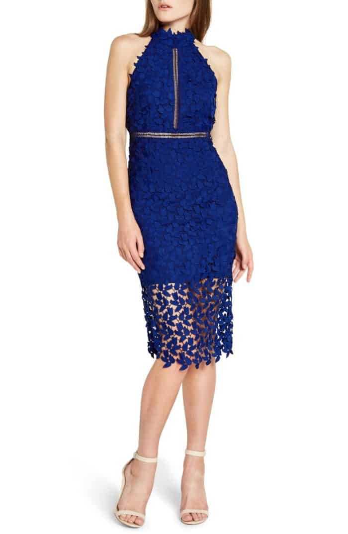 Classic dark blue lace cocktail dress under $150 to wear to a wedding in August