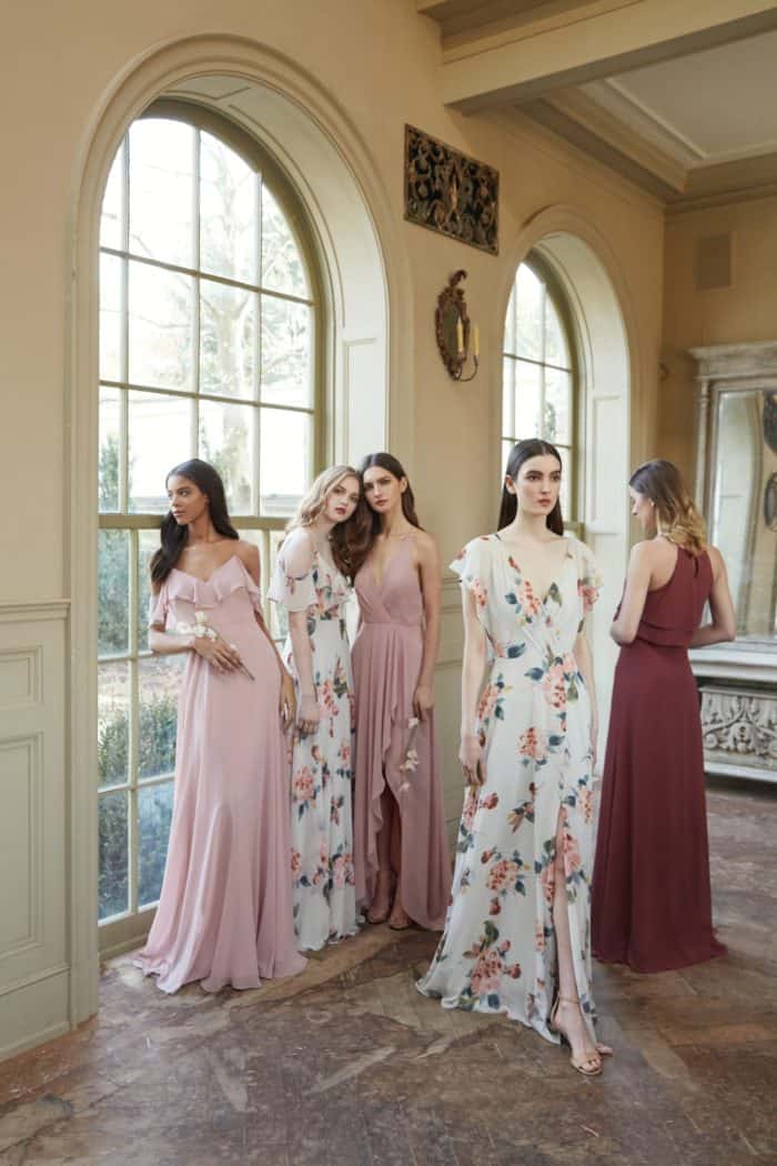 Cinnamon, blush and floral bridesmaid dresses