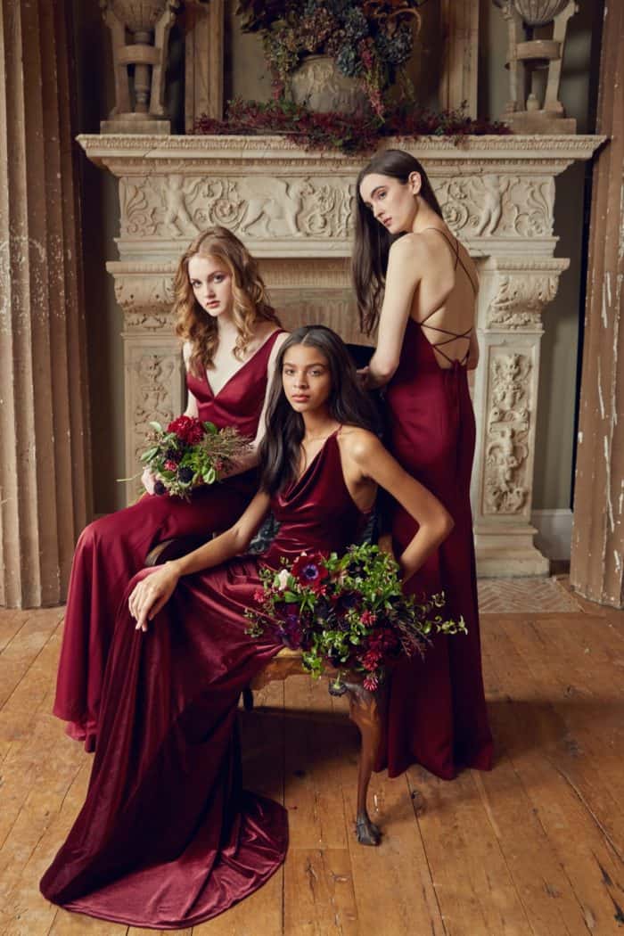 Burgundy crepe and velvet bridesmaid dresses