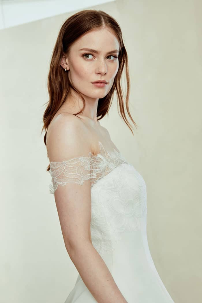 Sutton, a lace off the shoulder ball gown wedding dress by Amsale