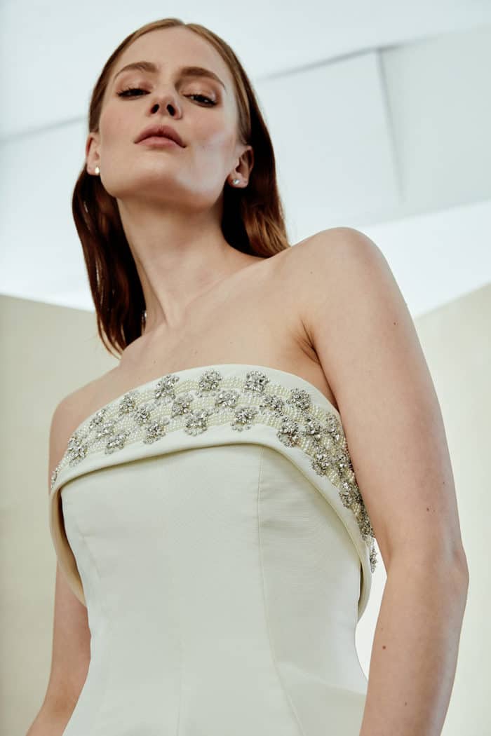 Folded strapless silk wedding dress with embellished neckline | Amy by Amsale Spring 2019