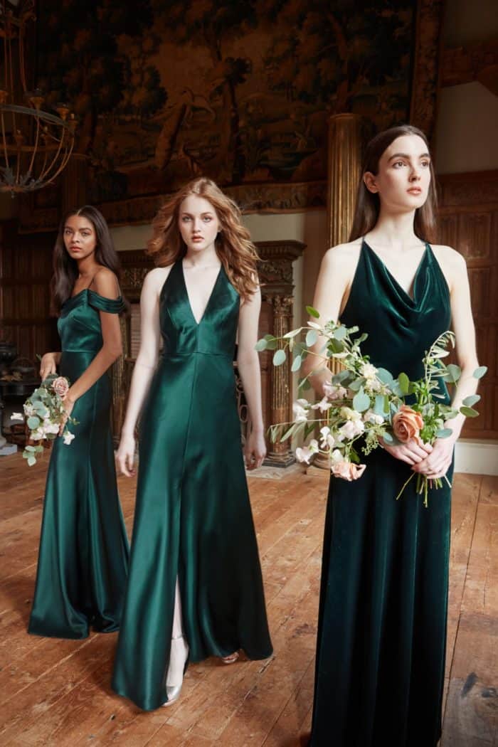 Emerald green satin Jenny Yoo bridesmaid dresses