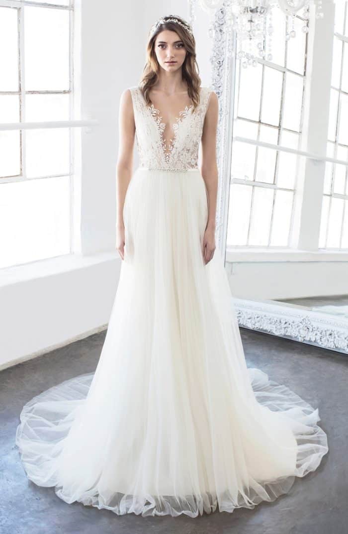 Goddess like plunge neckline wedding dress Hollie by Winnie Couture